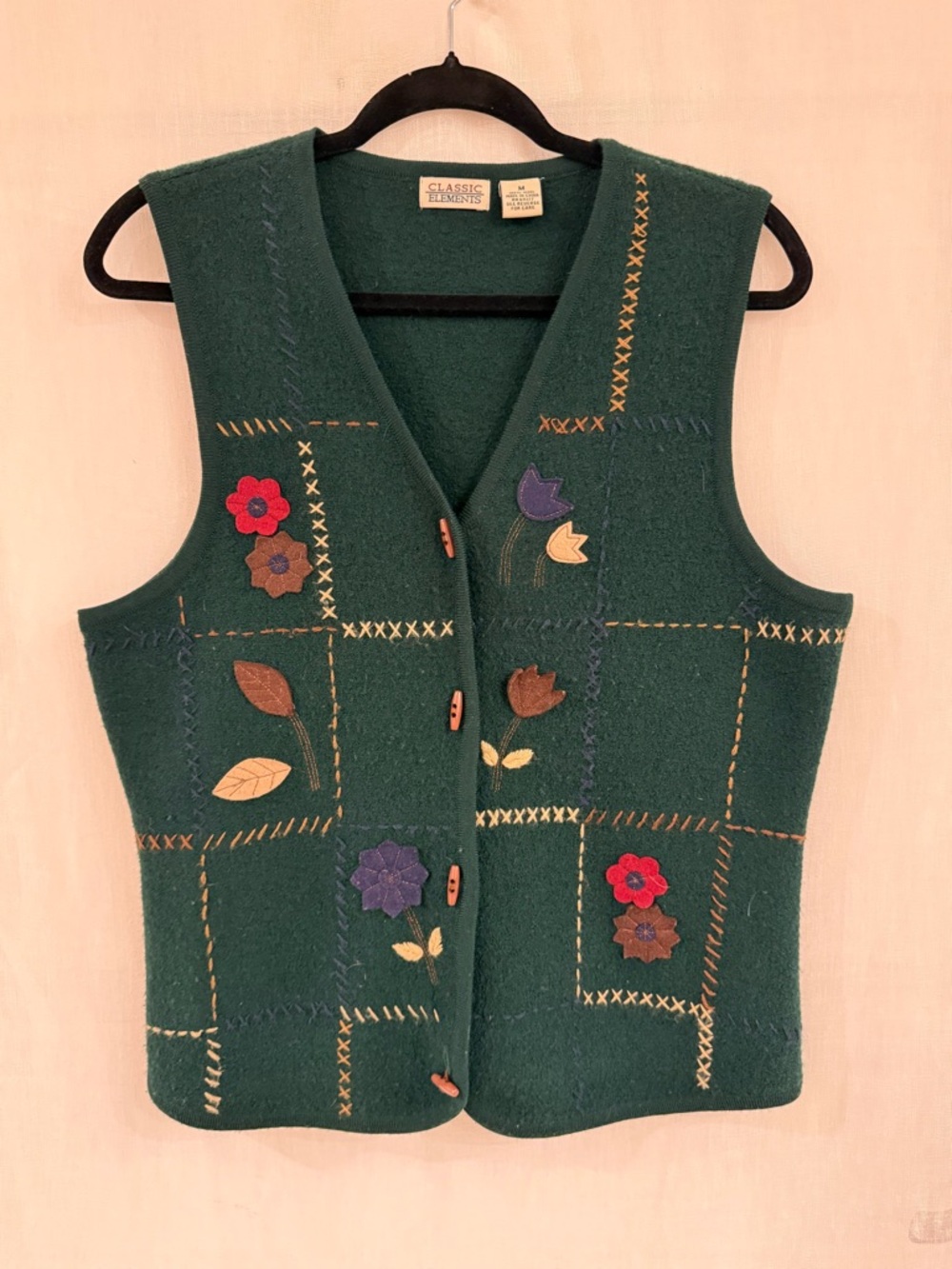 Classic Elements Wool Vest Floral Embroidered Patchwork Cottagecore Medium